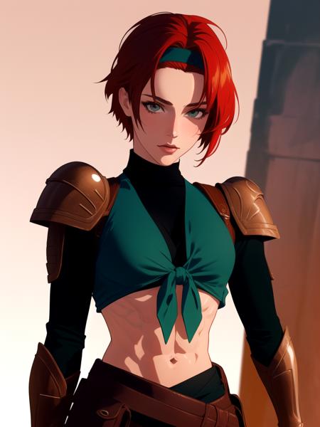 mirabounty short red hair midriff green front tie top shoulder pads armor hair band