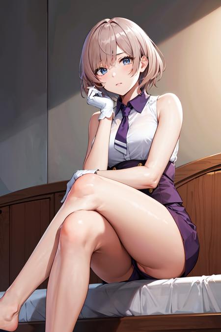 masterpiece, best quality, highres, mujina, solo, white gloves, necktie, purple shorts, short necktie, corset, purple necktie, light brown hair, short shorts, sleeveless, bangs, <lora:mujina_v2:0.6>, bed, sitting, crossed legs, indoors, looking at viewer,