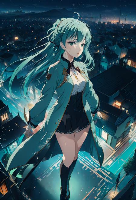 anime key visual, Aerial View of a masterpiece,1girl,sexy, hyper detailed, Mint green and Vibrant background, Foggy, shallow depth of field, Serial Art, Moonlit, glittering