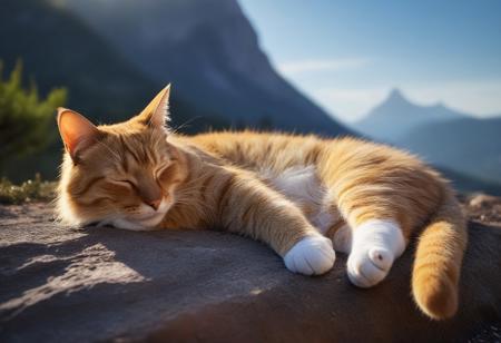 realistic, solo, cat, cute, sleeping, light_particles, nature, mountain, depth of field, the best quality, amazing quality, high quality, masterpiece,