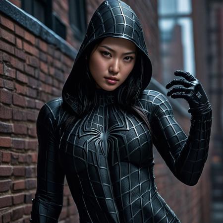 score_9, score_8_up, score_7_up, best quality, realistic, masterpiece, beautiful detail, hyperrealistic, ((1girl, woman body, big breasts)), amazing detailed full body of a cute korean girl, cute face, wearing a realistic and highly detailed black raimi spider-man suit, ((defined muscular girl)), professional model wears ultra - detailed black raimi spider - man suit, ultra - detailed and grained black raimi spiderman suit, suit covered entire body and hand, black spiderman gloves, wears hood, wet, close up, octane render, highly detailed, volumetric, dramatic lighting, (highest quality:1.1), (HDR:1.3), (top quality, best quality), realistic, high definition,