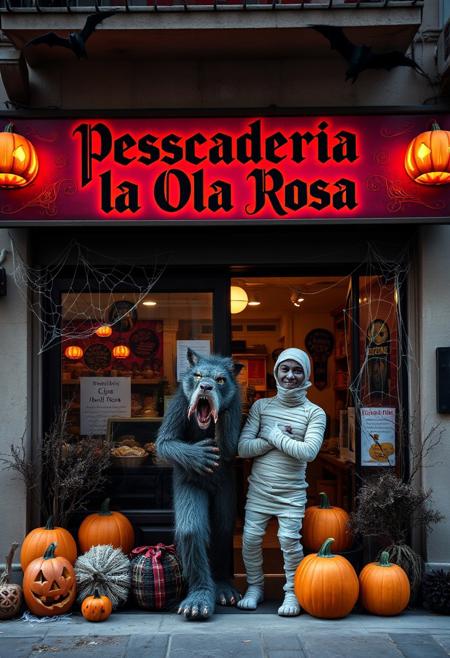 Storefront of a local food shop with a sign reading 'Pescaderia la Ola Rosa' in gothic Halloween-inspired font. In front, a friendly werewolf and a mummy are posing, surrounded by classic Halloween decorations: carved pumpkins, cobwebs in the corners, and bats flying above. The colors are dark oranges, purples, and blacks, creating a spooky yet inviting Halloween atmosphere. The scene should feel festive and welcoming, suitable for a small food store celebrating Halloween.