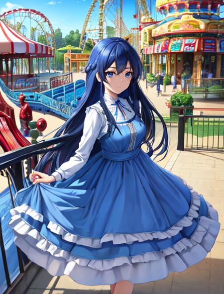 best quality, masterpiece, highres, detailed, digital illustration, <lora:Tools - add_detail:0.2>, RikaHishikawa, blue eyes, blue hair, long hair, braids, <lora:Character - RikaHishikawa:0.8>, blue dress, layered dress,  furled brow, amusement park