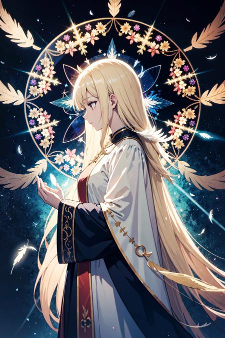 absurdres, highres, (official art, beautiful and aesthetic:1.2), ultra detail, side view,
beautiful person,  long hair, blond hair, saintly woman,
sacred garment, seraph, seraph six wing,
cathedral, kaleidoscope,
light effects, divine effects, feather effects,