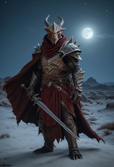 A visually striking movie-still image of a "dragonborn" (in the style of dnd/eberron dragonborn), using dragon-red 6k, with remarkably realistic lighting and textures and details. 
Features a  bleak background, perfectly detailing scales and  piercing eyes that reflect the world. This creature stands majestically, draped in a cloak made of woven canvas, its breath visible in the cold air, surrounded by a pristine, untouched badlands that is bleakly spartan under the moonlight. The scene is imbued with a sense of mystery and awe, captured through the lens of a Nikon D850 at a low angle to emphasize the imposing stature of the dragonborn against the vast, silent  night. The composition focuses on the fusion of natural and fantastical elements, suggesting an untold story of survival and adaptation, with a setting that feels both alien and familiar 
(aidmaHyperrealism, aidmaimageupgrader, aidmafluxpro1.1)