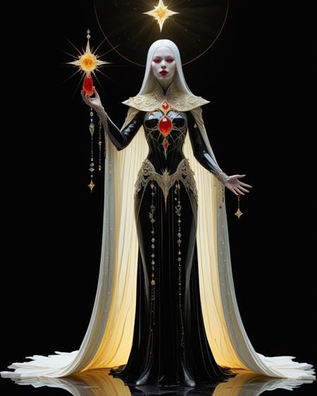 wizard casting a spell, pale inhuman skin, blood red lips, inhuman, full body, bright star, sunlight shining through gemstone of semi-precious stone, CITRINE, Kay Nielsen, transparency, volumetric lighting, prismatic effect, black background, <lora:add-detail-xl:1.0>