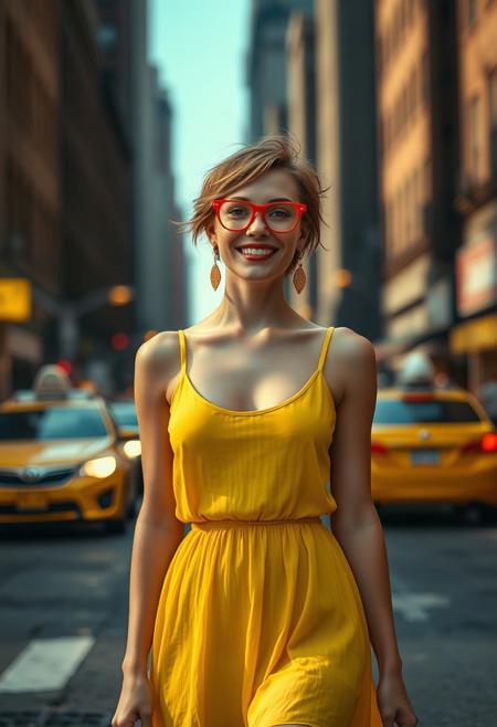 A photorealistic image of a petite woman walking confidently down a gritty New York City street, shot with a long telephoto lens that creates a beautifully compressed background and glowing bokeh from city lights and taxis. She is wearing a short, sleeveless yellow vintage-inspired dress with a deep scoop neckline. The fabric is semi-sheer, lightweight, and slightly translucent in the sunlight, with soft flowing movement around her hips and thighs.
She has fair skin, a joyful expression, bright red cat-eye glasses, short tousled auburn hair, and deep red lipstick. Her earrings are retro gold dangles that catch the light. The background is darker, with a moody urban atmosphere — blurred buildings, asphalt, yellow cabs — making her stand out vividly as a colorful, dreamy figure in the middle of the street. The lighting is natural with high contrast and a golden undertone.
Style Attributes:
	•	Style: Photorealism, fashion editorial, cinematic street style
	•	Lens Effect: Long lens compression, shallow depth of field, rich background bokeh
	•	Lighting: Soft sunlight, warm tones, high contrast
	•	Mood: Dreamlike, confident, surreal retro charm
	•	Inspiration: New York street photography meets vintage fashion fantasy