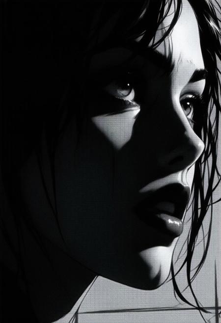 Intense close-up from a slightly low angle: a woman arches her back dramatically, wide eyes piercing the shadows of a gritty noir room. Masterful Frank Miller Sin City style: extreme high-contrast black and white chiaroscuro, harsh graphic novel linework. Tense atmosphere crackles as stark light sculpts her form against oppressive darkness, focusing on her captivating, raw gaze.