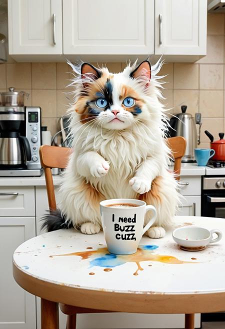 Loose watercolor splashes. Whimsical cartoon of a stubborn and disgruntled looking tricolor cat, a blue-eyed white angora with messy fur, sitting in a beige chair, hanging a giant cup of coffee on a white kitchen table. He says, "I Need Buzz!" in the background, colorful and faded kitchen.