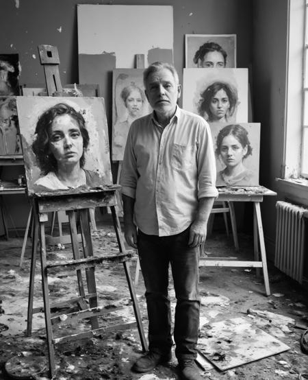 A black and white image ,In a neglected art studio, a half-finished portrait sits on an easel, the subject's eyes seeming to follow the viewer through the room. Dried paint palettes and broken brushes are scattered across the floor, a testament to the artist's abandoned passion.
<lora:grainy-v1:0.3>