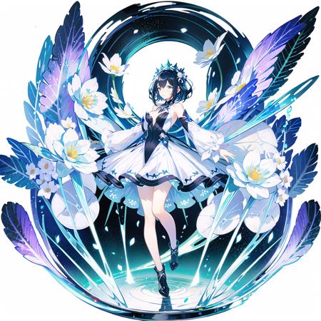 <lora:GachaSplashVFairY:0.6>,(white background:1.5), 1girl, solo, breasts, short hair, full body, black hair, white flowers, standing on field, flower field, white dress, short dress,