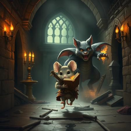 Inside castle, burning torches on walls, metal bars, candelabra, little mouse whit a little rusty armor a small sword on his back runing escaping holding a shining book, behind a furious big cat in a dragon suit chasing the mouse, throwing fire, dust from his paws, parts of the castle falling from the roof, trembling, water puddles, cells, realistic,