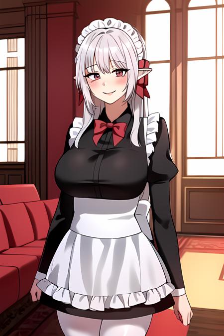 ((masterpiece, best quality)),1girl,standing,smile,solo,indoors,blush,elf, blush,large breasts, long_hair, dress,maid, maid_apron, maid_headdress, pointy_ears, red_bow, red_bowtie, puffy_sleeves,red_eyes,(white_legwear),shiny_skin,,,,,, ,extremely detailed CG unity 8k wallpaper, perfect lighting,Colorful, Bright_Front_face_Lighting,White skin, (masterpiece:1.0),(best_quality:1.0), ultra high res,4K,ultra-detailed, photography, 8K, HDR, highres, absurdres:1.2, Kodak portra 400, film grain, blurry background, bokeh:1.2, lens flare, vibrant_color,professional photograph,bow breasts,((Beautiful large_Breasts)), (beautiful_face:1),(narrow_waist),Beautiful Finger,Beautiful long legs,Beautiful body,Beautiful Nose,Beautiful character design, perfect face,perfect balance,(2d)