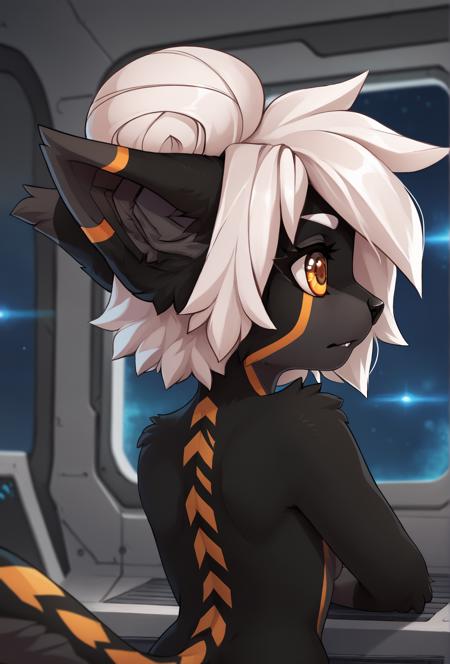 fkwarning, black fur, white hair, hair bun, orange eyes, shortstack