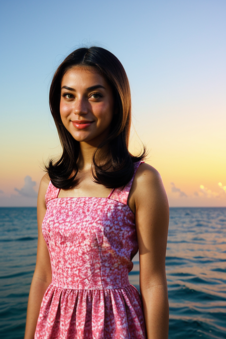 FarahJefry, photograph by (Rodney Smith:1.3), modelshoot, pose, windblown waves, colorful blush, (floral sundress), Miami Beach sunset backdrop, Canon T90, 50mm f/1.4, 1/125s, ISO 100, Ektachrome E100, smile, (slim, fit:1.3)