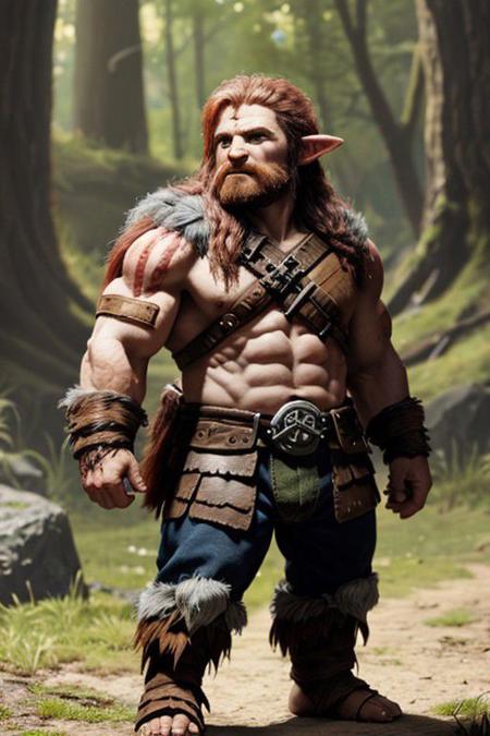 photorealistic: halfling barbarian man standing in near humans