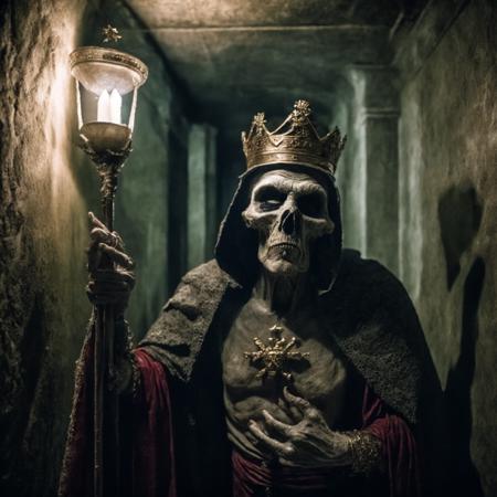 medium shot photography of a  king Lich with a crown inside a crypt, sharp focus