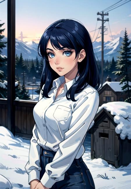 (masterpiece:1.2, best quality:1.2, beautiful, high quality, highres:1.1, aesthetic), detailed, extremely detailed, ambient soft lighting, 4K, perfect lighting, perfect face, perfect eyes,  <lora:Samantha:0.3> 1 girl, samantha, blue hair, blue eyes,  jeans, jacket, winter, medium length hair, Style-Winter, big breasts,