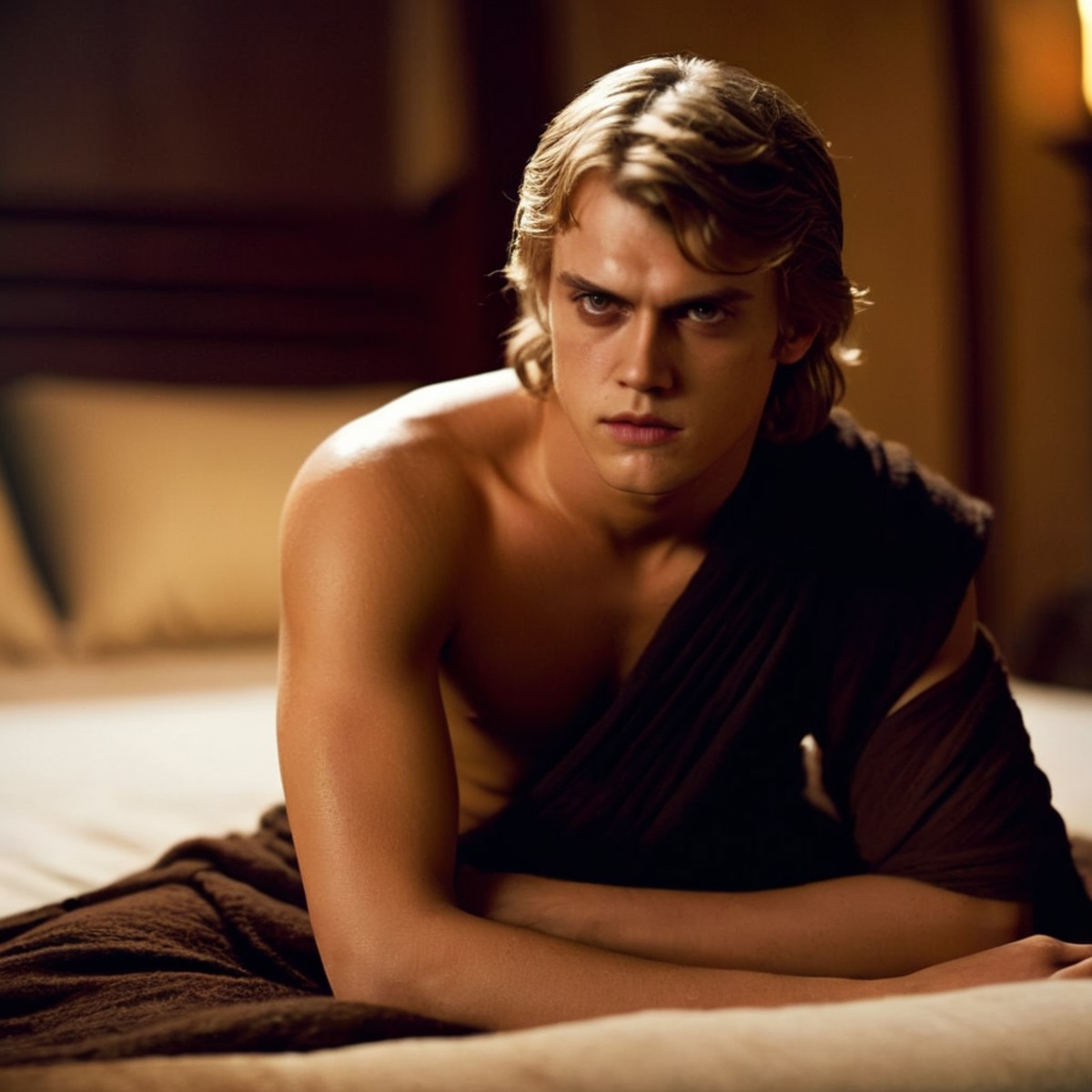cinematic film still of  <lora:Anakin Skywalker:1.2>
Anakin Skywalker a shirtless man sitting on a bed with a perfect body...