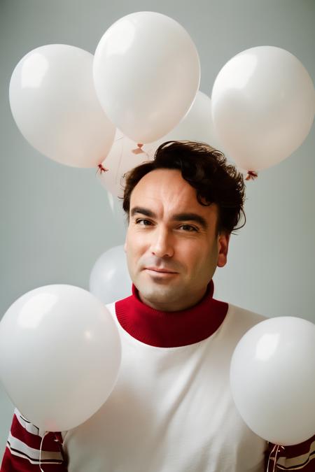 JohnnyLoRA1, fashion portrait photo of man from the 60s wearing a red turtleneck standing in the middle of a ton of (white balloons:1.2), taken on a hasselblad medium format camera, <lora:JohnnyLoRA1_512-512:1>