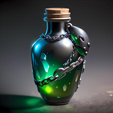 (masterpiece, top quality, best quality, official art, beautiful and aesthetic:1.2),(8k, best quality, masterpiece:1.2),CGgameiconV, no humans, still life, simple background, chain, gem, gradient, gradient background, shiny, green background, grey background, crystal, bottle, transparent, green, black spider, blttle,<lora:CGgameiconV:1>,