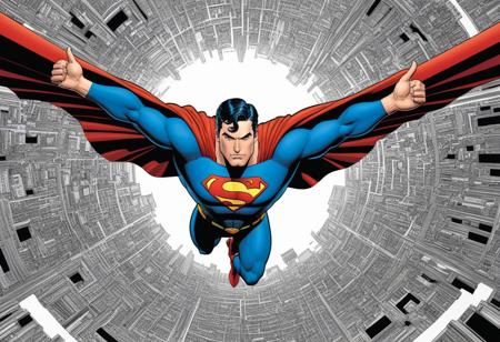 Centered, Incredibly Detailed Accurate Picture Of A Comic Cover Of Superman Flying, as if drawn from the works of M.C. Escher