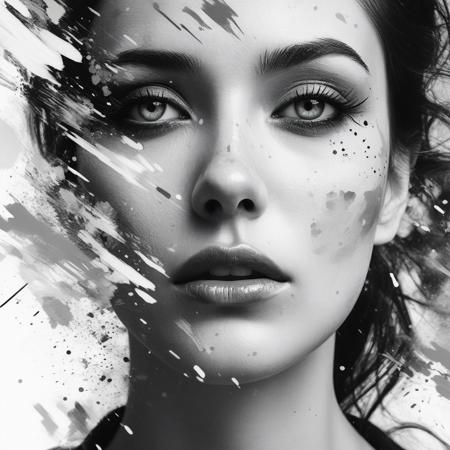 A surreal digital painting of a woman's face dissolving into abstract black and white smears and pixelated glitches. Her eyes are closed and she appears serene, as if lost in a dream or transcending reality. The background is minimalist, highlighting the contrast between the liquid ink drops and the structured geometric distortions. Highly detailed, high resolution, monochrome with soft lighting and dramatic contrast digital pixelise, pixelated facial distortions