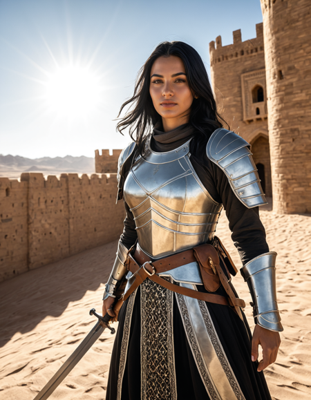 A photorealistic historical image of a woman with long black hair, olive skin, wearing Persian armor with a curved sword, standing in a desert fortress, captured with a Canon EOS R6, bright sunlight, wide-angle, radiating nobility
