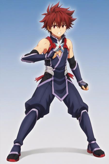 Matsuri Kazamaki M red hair spiky hair red eyes violet sleeveless ninja outfit, long black fingerless arm gloves, arm gauntlets, golden ring on left arm, leg greaves, black socks, red sandals