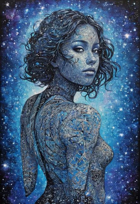 Silhouette of a fragmented woman with speckled skin, cradled in a mosaic of monochrome and metallic shades, extends zentangle-like limbs, a ukiyo-e style, beneath a star-streaked, graffiti nebula that pulses with an eerie vibrance, alive with colorful fractals, award winning, masterpiece