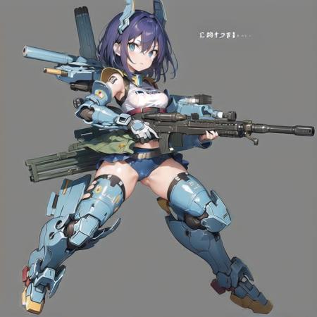 1girl,solo,mecha musume,Simple Background,weapon,looking at viewer,gun,holding,msgirl girl,<lora:msgirlv1:1>