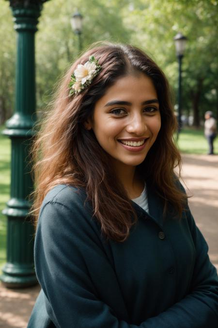 pakistani woman, flower hair, park, london, city, trees, grass, pathway, bench, people, railing, lampost <lora:flower_hair:0.7>, knowing smile, teeth, celebration, center of attention, masterpiece, best quality, absurdres, highres, 4k, intricate details, highly detailed, <lora:add_detail:0.5>
 <lora:bralessSD15_v1_00094:1> braless, RAW photo, 8k uhd, dslr, soft lighting, high quality, film grain, Fujifilm XT3