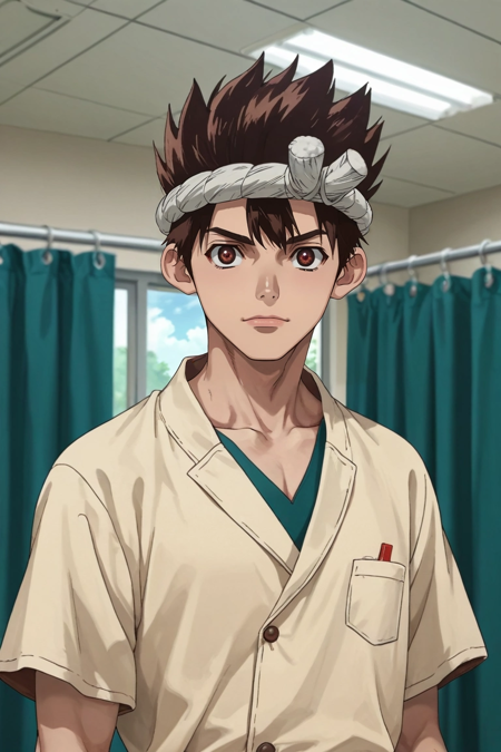 chrome_dr_stone, brown hair, brown eyes, short hair, spiked hair headband hachimaki