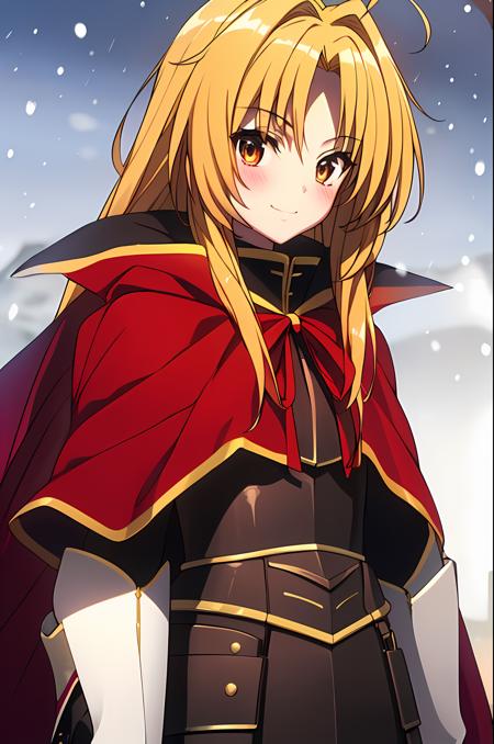 (exceptional, best aesthetic, new, newest, best quality, masterpiece, extremely detailed), 1girl, solo, odanobuna, smile, blush, looking_at_viewer, red_cape, armor, snow, winter, snowing, hair_down