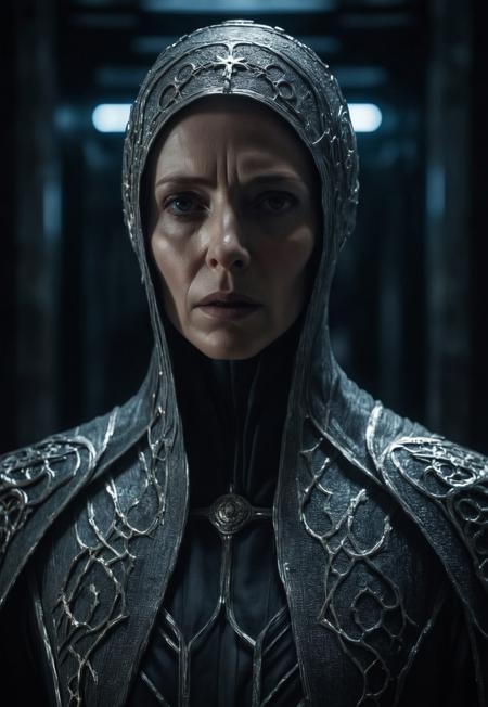 In Denis Villeneuve style, dark aesthetic, photo of an Bene Gesserit nun, futuristic, sci-fi, intricate, extremely detailed, majestic, HDR, realistic, dark lighting, Surreal Harmony, deep shadows, atmospheric, dystopian, high contrast, cyberpunk elements, otherworldly, sophisticated attire, ethereal presence, cinematic composition, intense expression, dramatic ambiance