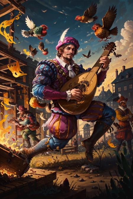 (masterpiece, best quality:1.2),  <lora:dandelion-20:0.70>, dandelionW3_soul3142, brown hair, 1boy, hat, boots, solo focus, facial hair, bird, fire, feathers, lute (instrument), beard, mustache, music, hat feather, playing instrument, chicken