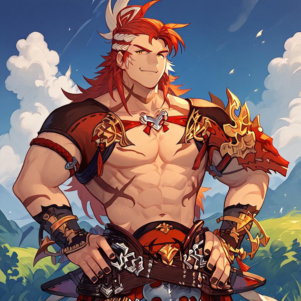 score_9_up, score_8_up, score_7_up, best quality, amazing quality, best aesthetic, perfect eyes, 1boy, solo, male focus, Wilnasgbf, orange eyes, red hair, multicolored hair, long hair, body markings, black polish, muscular male, shoulder armor, leather belt, red pants, gauntlets, looking at viewer, smile, closed mouth, hands on hips, large pectorals, waist up, hand on hips, outside, sunny, blue skies, expressiveh