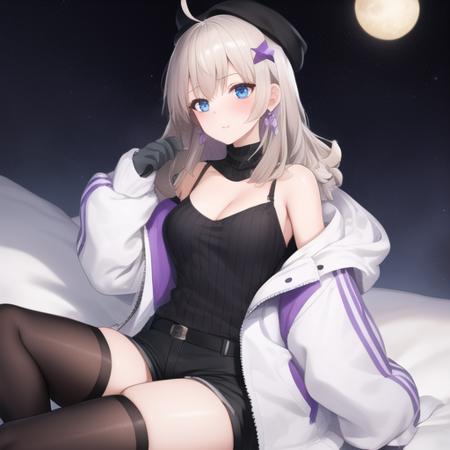 (masterpiece, best quality:1.2),illustration,8k,hd,1girl,solo,1girl,ahoge,bangs,black headwear,black legwear,black shorts,black sweater,blue eyes,cleavage,collarbone,detached collar,eyebrows visible through hair,grey hair,hair ornament,hat,hood down,hooded jacket,long hair,long sleeves,medium breasts,puffy long sleeves,puffy sleeves,purple gloves,ribbed sweater,short shorts,star hair ornament,thighhighs,turtleneck,turtleneck sweater,white jacket,<lora:AA-12>,