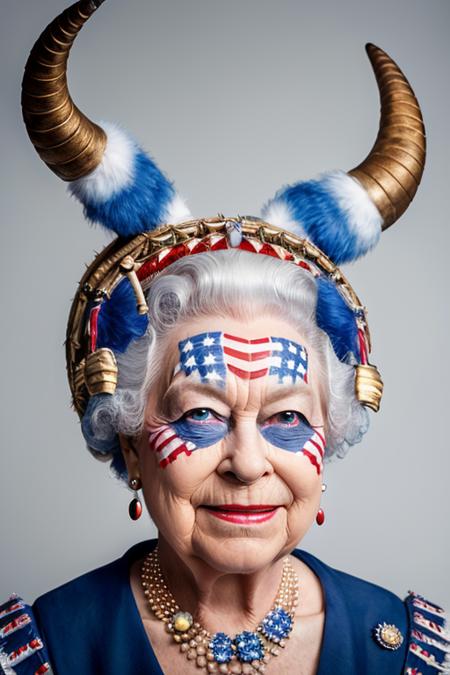 portrait photo of (queen elizabeth:1.0) as (q4n0n5h4m4n:0.9), horns, patriotic facepaint, detailed face, hasselblad h6d-400c 1.4, outside washington dc