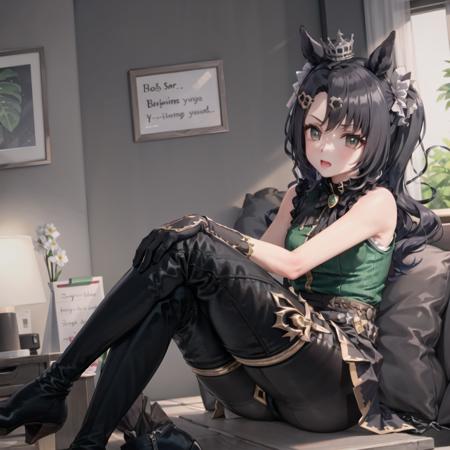 SFW, indoors, satono_crown, solo, (1girl:1.1),  black_side_ponytail, green eyes, bare_shoulders, sleeveless, long_legs, horse_ear, single_crown_hair ornament, horse_tail, (black collar), (yellow braid tie:0.5), (lace_green_shirt), (black_elbow_gloves), braid,(dress),(black_skirt),  pantyhose, (black_thigh_boots), sitting, crossed legs,  (full_body:0.8), <lora:satono_crown_v1.0_locon_AdamW8bits:0.7>