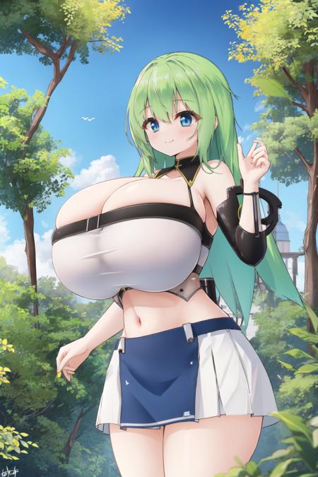 <lora:moralgear3-10:0.6>, 1girl, gigantic breasts, miniskirt, crop top, sideboob, smile, outdoors, forest