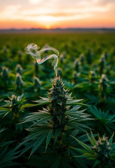 vibrant cannabis field, (lush green leaves:1.4), (sunset glow:1.2) casting warm light over the plants, (detailed textures:1.5), smoke swirling softly in the air, (cannabis buds:1.3) glistening with trichomes, peaceful and serene atmosphere, (natural light:1.4), wide field stretching into the distance, (colorful sky:1.2) with shades of pink and orange, (high-definition:1.6), (ultra-realistic textures:1.5), close-up details of cannabis plants, (soft focus in the background:1.2), modern, laid-back aesthetic, perfect for a cannabis culture feature, chill and relaxed vibe, (overexposed:-1.4), (unnatural colors:-1.5), (blurry:-1.6), (low-resolution:-1.7), (harsh lighting:-1.5), (distorted textures:-1.6)