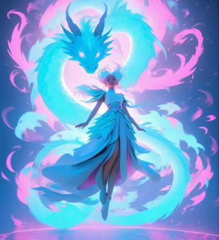 A full body portrait of a levitating beautiful woman surrounded by a whirlwind of cyan and pink light dragons, highly detailed eyes, 2d art cover, official fanart behance hd artstation, masterpiece, smooth render, unreal engine 5 rendered, octane oil painting rendered, cel shaded, 8k quality