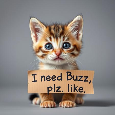 Cute baby kitten with a cardboard banner that reads: "I need Buzz, plz like"