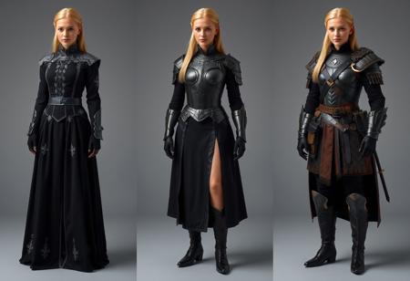 The image represents three variants of women's clothing, presumably uniforms or costumes for a elf epic fantasy film.
On the left: A formal uniform - a long black-colored dress with silver embroidery and decorative elements.
In the center: An elite uniform - a combination of armor (cuirass, bracers) with an black skirt that opens one leg.
On the right: The armor of an Elite warrior is a combination of a vest, shirt, trousers and high boots, complemented by belts, a bag and gloves.
All three clothing options are shown on the same female figure with the same hairstyle. She is blonde european. There is no interaction between objects, no actions take place. Context is the presentation of various costume options, perhaps for a , movie. Photography studio style
