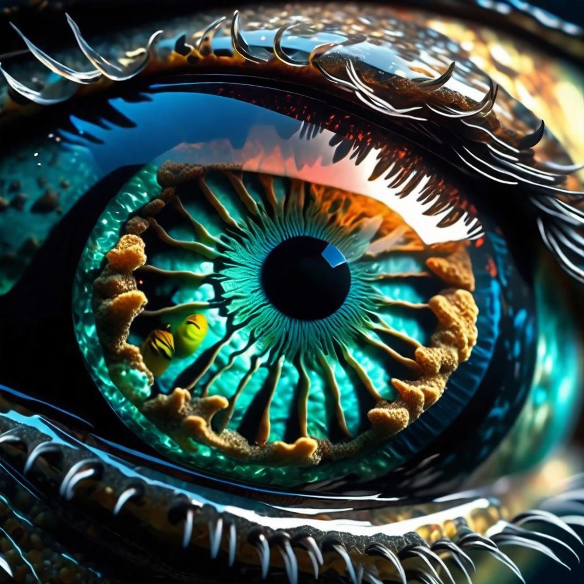 extreme close up, macro shot, ((aquarium eye)), the eye is glass, a detailed model ship lies within the eye, fantastic, subsurface scattering, full RGB color, HDR 10, Dolby Vision