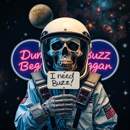 masterpiece, intricate photo, realistic outer space skull astronaut in astronaut suite with helmet and transparent visor holding a small white sign on which is written "I need Buzz!", background outer space, stars, galaxies, nebulae, in the background is written on a banner in neon letters "Dumb Buzz Beggar", hyper realistic, highly detailed, sharp focus, dawn of technology, dark art, gothic art, cyberpunk style, best quality, high resolution, colorful, vibrant colors, studio lighting, high quality image, no wrong proportions, 8K
