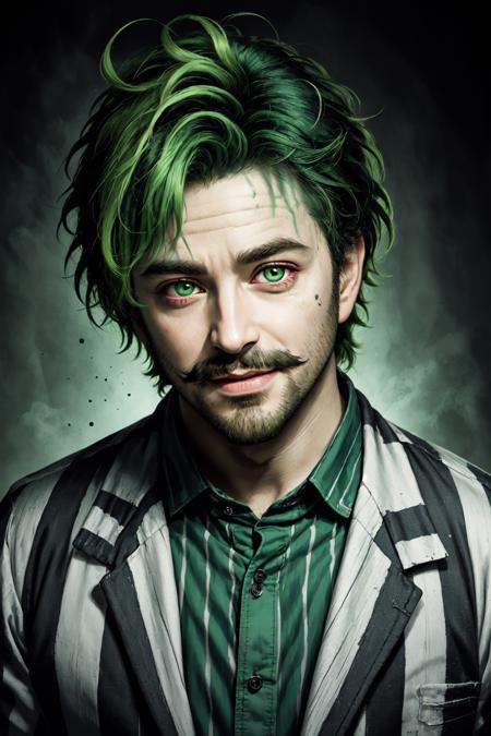 Beetlejuice Slime Tutorial,  Beetlejuice,  Alex Brightman,  1boy, beard,  collared shirt,  facial hair,  green hair,  looking at viewer,  male focus,  mustache,  portrait,  realistic,  shirt,  short hair,  smile,  solo,  striped,  striped shirt,  visual kei,  punk rock,  green hair,  rainbow outift,  extremely detailed,  masterpiece,  official art,  rock star pose,  semi realistic,  horror,  broadway lighting,  specular highlights,  highly detailed,  tonemapping,  detailed skin,  detailed eyes,  poltergeist vibes,  horror show,  tonemapping,  detailed skin,  detailed eyes, <lora:EMS-49369-EMS:0.600000>