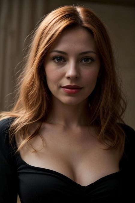 ((inspired by beautiful Peta Wilson as Mina Harker,)), fiery red hair, topaz blue eyes, looks naturally beautiful, ruby red lips, confident but loves to play innocent with her enemies, red Renaissance dress, always lady-like, stunning seductive smile, seductive very deep cleavage with a bit puffy areola exposed