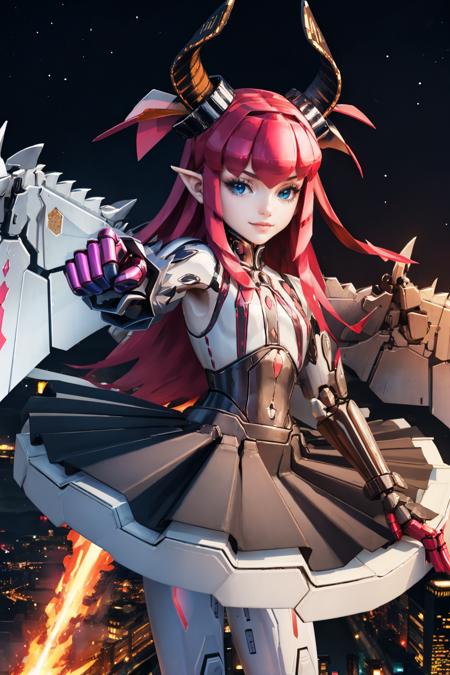 elichan, robot, android horns, skirt, tail wings